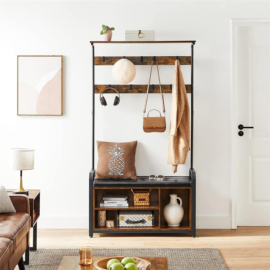 Coat Rack Stand – Steel Frame – Rustic Brown and Black – 8 Hooks with Shoe Bench