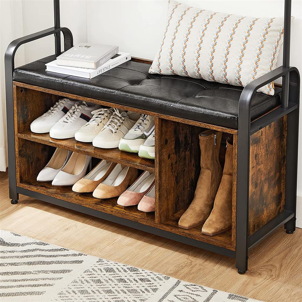 Coat Rack Stand – Steel Frame – Rustic Brown and Black – 8 Hooks with Shoe Bench