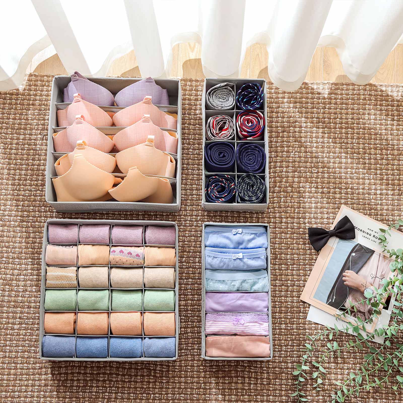 Collapsible Drawer Organiser – Fabric – Dark Grey – Set of 4 for Bras, Underwear, Socks, Ties, and Scarves