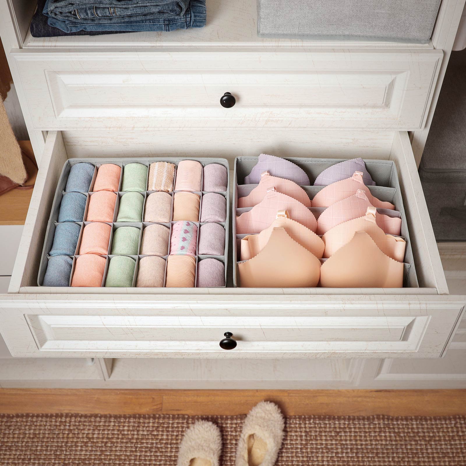 Collapsible Drawer Organiser – Fabric – Dark Grey – Set of 4 for Bras, Underwear, Socks, Ties, and Scarves