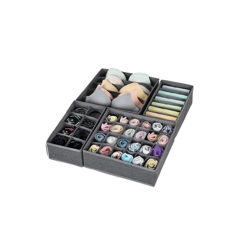 Collapsible Drawer Organiser – Fabric – Dark Grey – Set of 4 for Bras, Underwear, Socks, Ties, and Scarves
