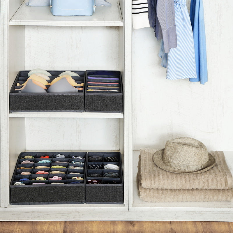 Collapsible Drawer Organiser – Fabric – Dark Grey – Set of 4 for Bras, Underwear, Socks, Ties, and Scarves