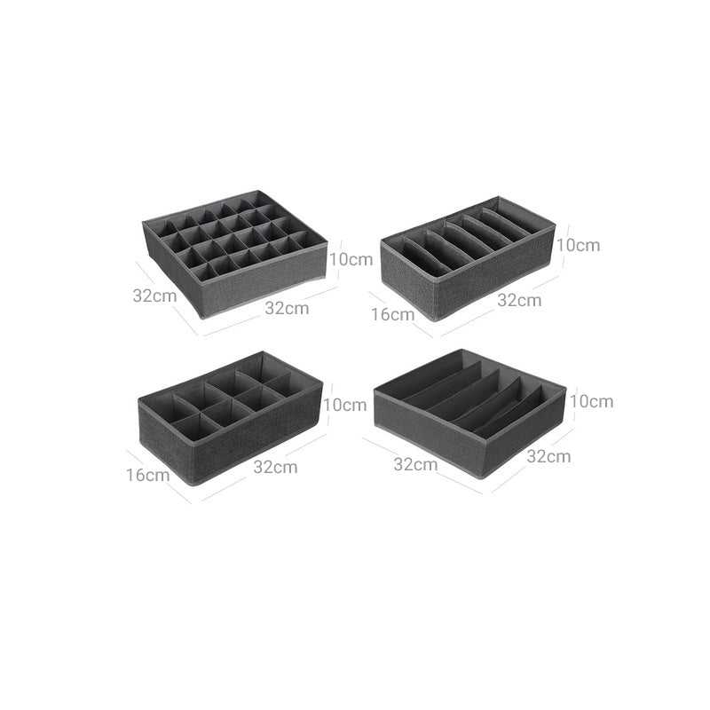 Collapsible Drawer Organiser – Fabric – Dark Grey – Set of 4 for Bras, Underwear, Socks, Ties, and Scarves