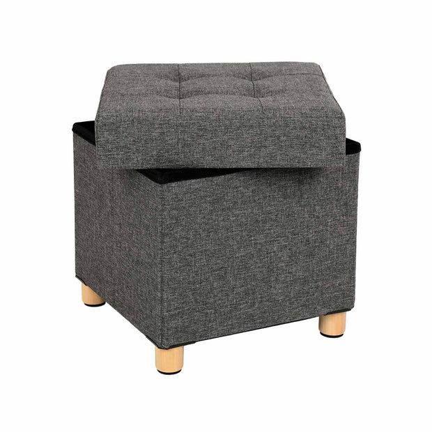 Collapsible Storage Ottoman – Fabric – Dark Grey – Multifunctional Foot Stool with Wooden Feet