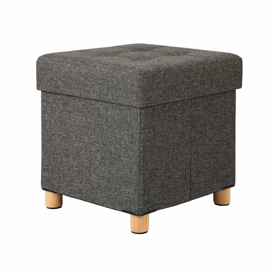 Collapsible Storage Ottoman – Fabric – Dark Grey – Multifunctional Foot Stool with Wooden Feet