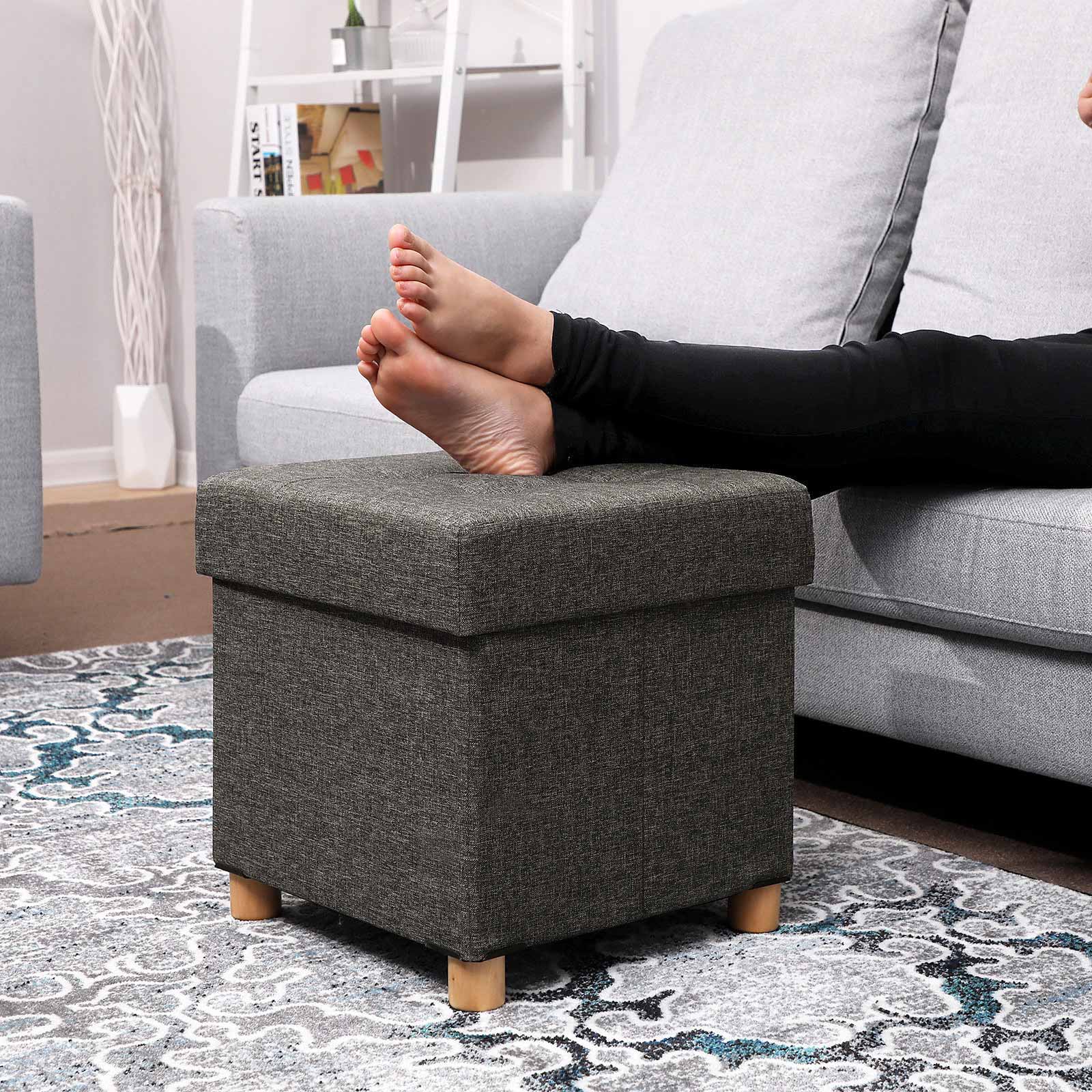 Collapsible Storage Ottoman – Fabric – Dark Grey – Multifunctional Foot Stool with Wooden Feet