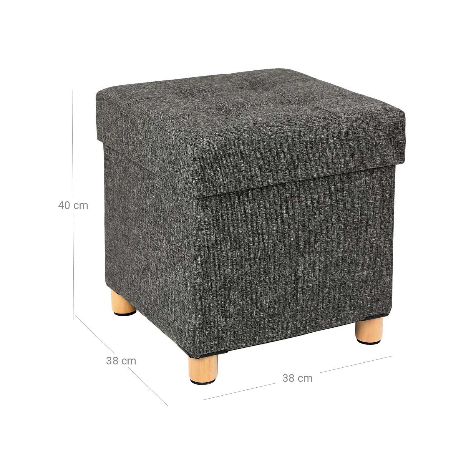 Collapsible Storage Ottoman – Fabric – Dark Grey – Multifunctional Foot Stool with Wooden Feet