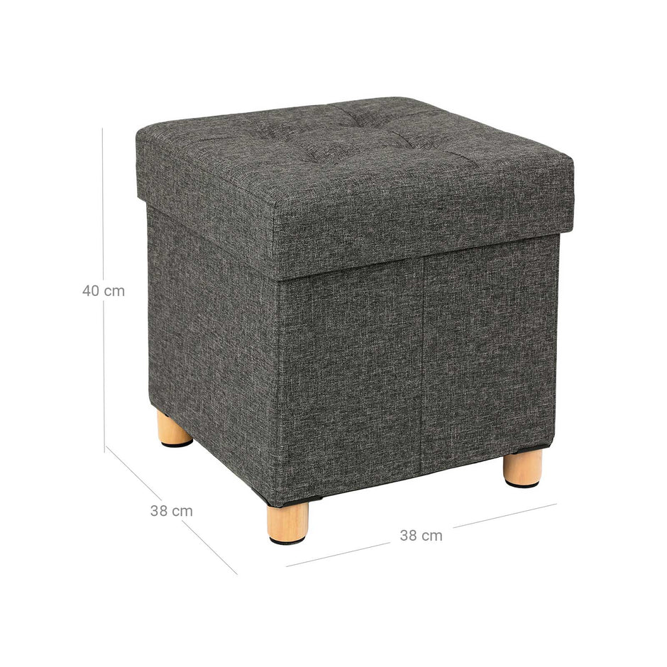Collapsible Storage Ottoman – Fabric – Dark Grey – Multifunctional Foot Stool with Wooden Feet