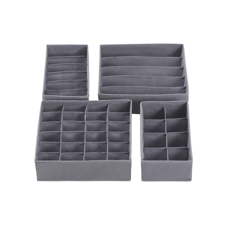 Collapsible Drawer Organisers – Fabric – Grey – Set of 4 Foldable Closet Dividers for Bras, Underwear, Socks, Ties, and Scarves