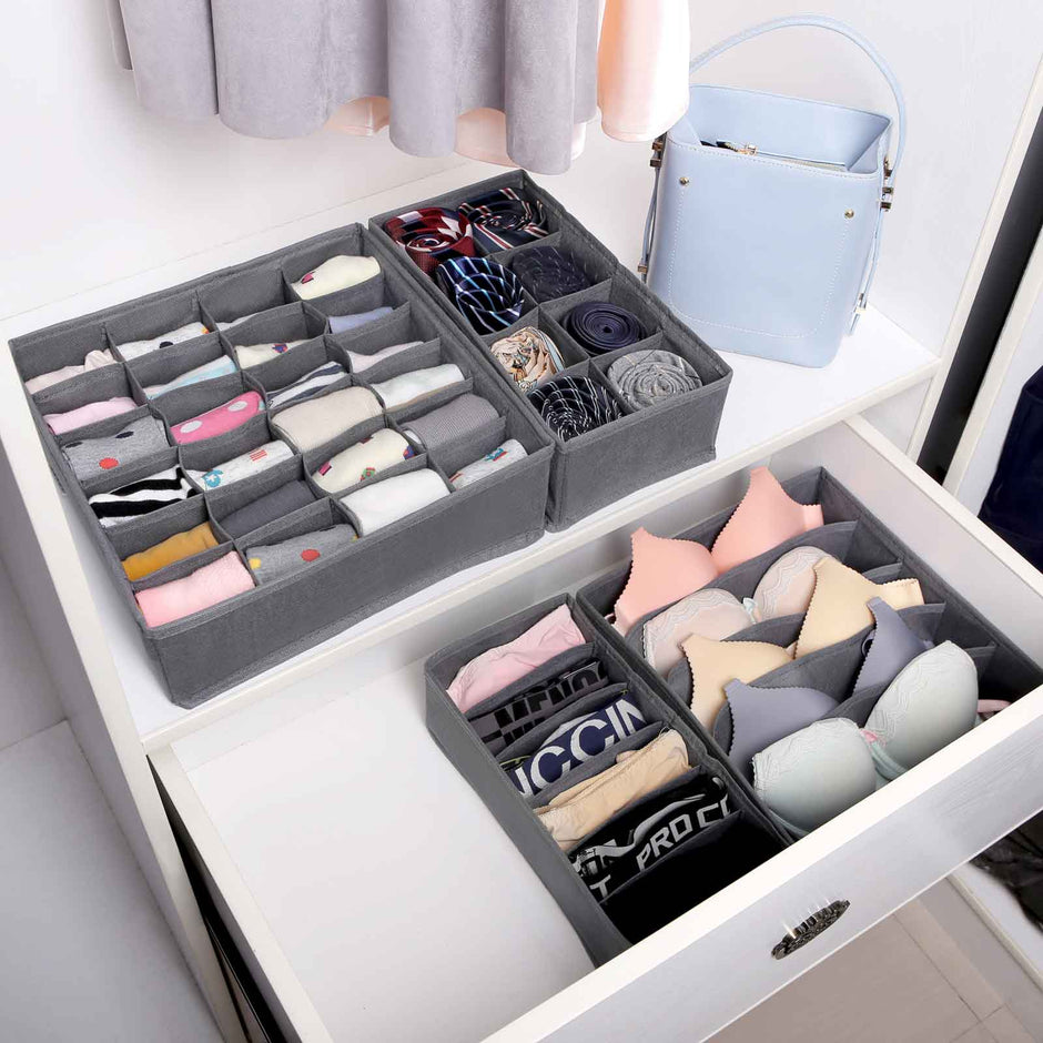 Collapsible Drawer Organisers – Fabric – Grey – Set of 4 Foldable Closet Dividers for Bras, Underwear, Socks, Ties, and Scarves