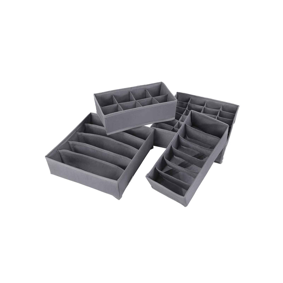 Collapsible Drawer Organisers – Fabric – Grey – Set of 4 Foldable Closet Dividers for Bras, Underwear, Socks, Ties, and Scarves