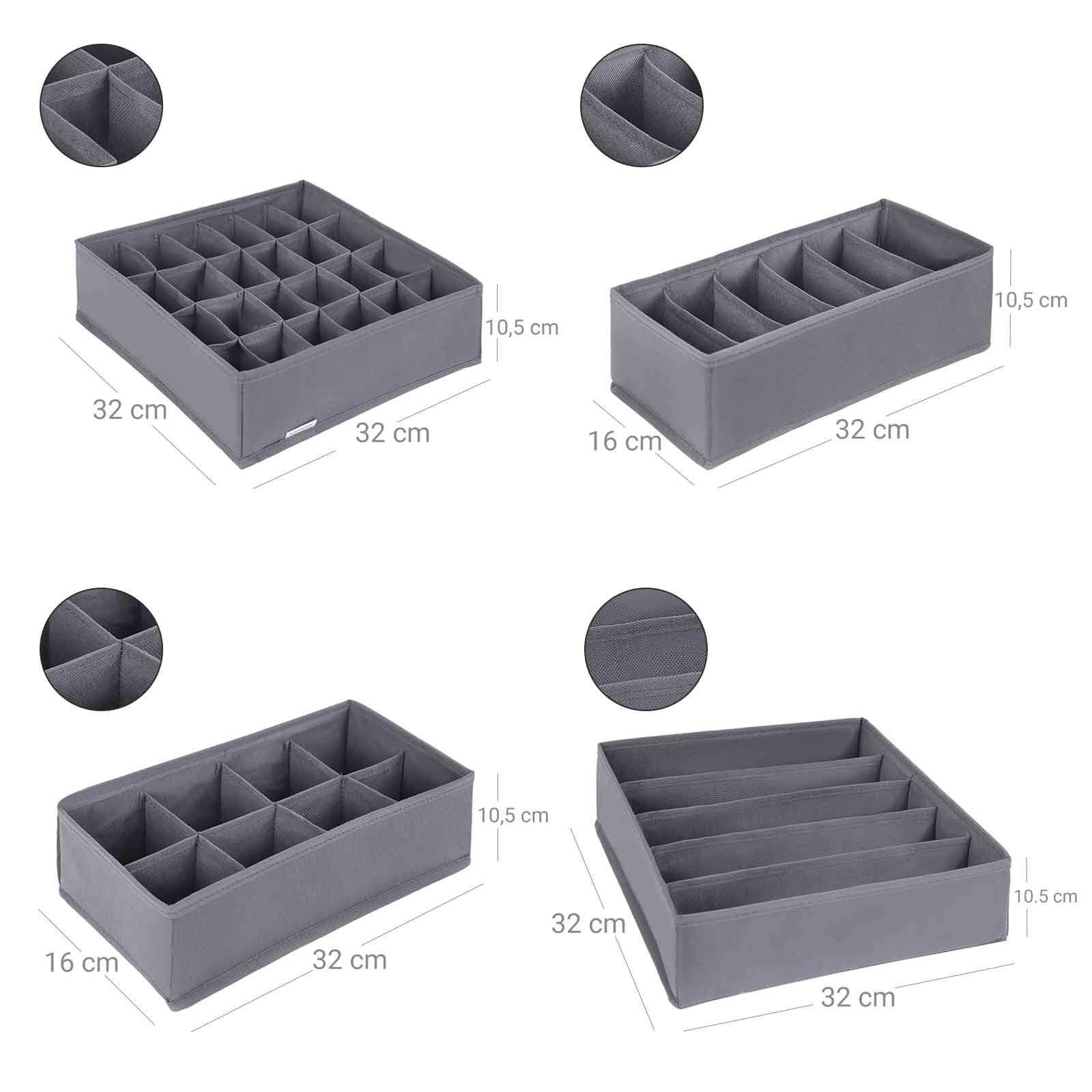 Collapsible Drawer Organisers – Fabric – Grey – Set of 4 Foldable Closet Dividers for Bras, Underwear, Socks, Ties, and Scarves