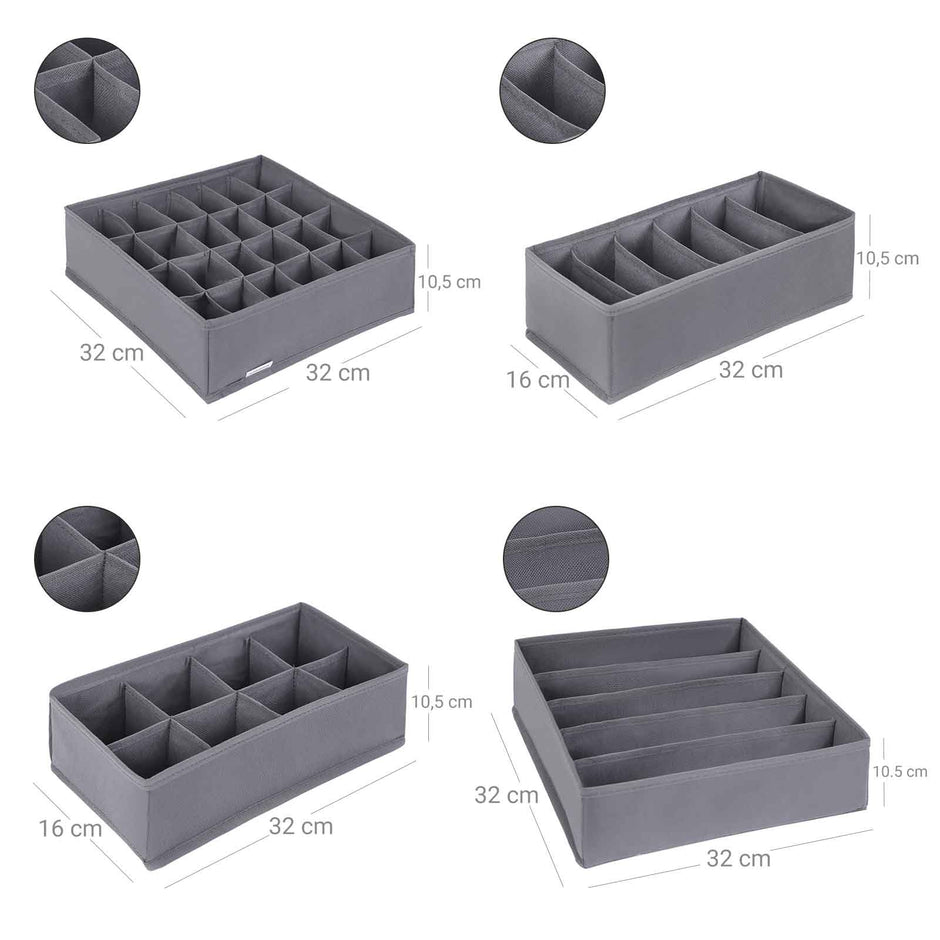 Collapsible Drawer Organisers – Fabric – Grey – Set of 4 Foldable Closet Dividers for Bras, Underwear, Socks, Ties, and Scarves