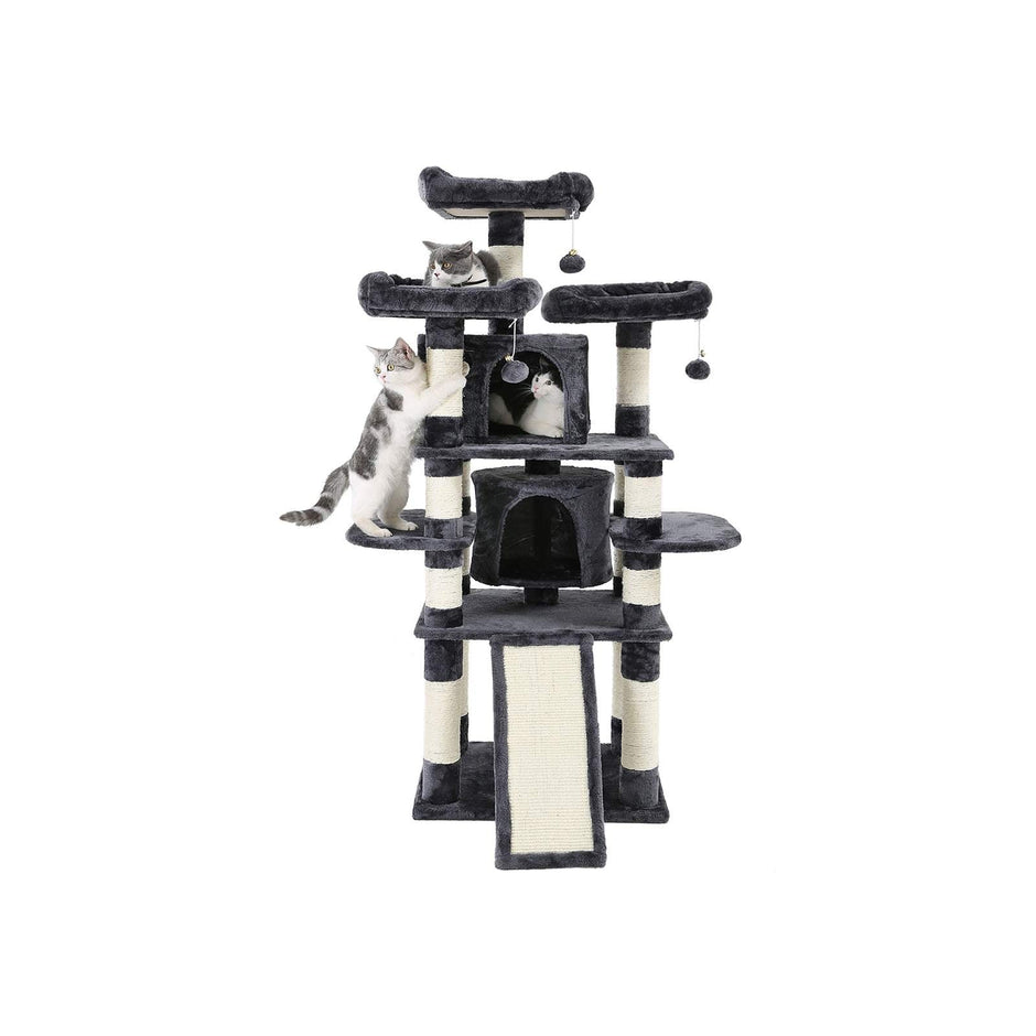 Cat Tree – Wood – Smoky Grey – 3 Viewing Perches, 2 Cuddly Caves, Thick Sisal Posts