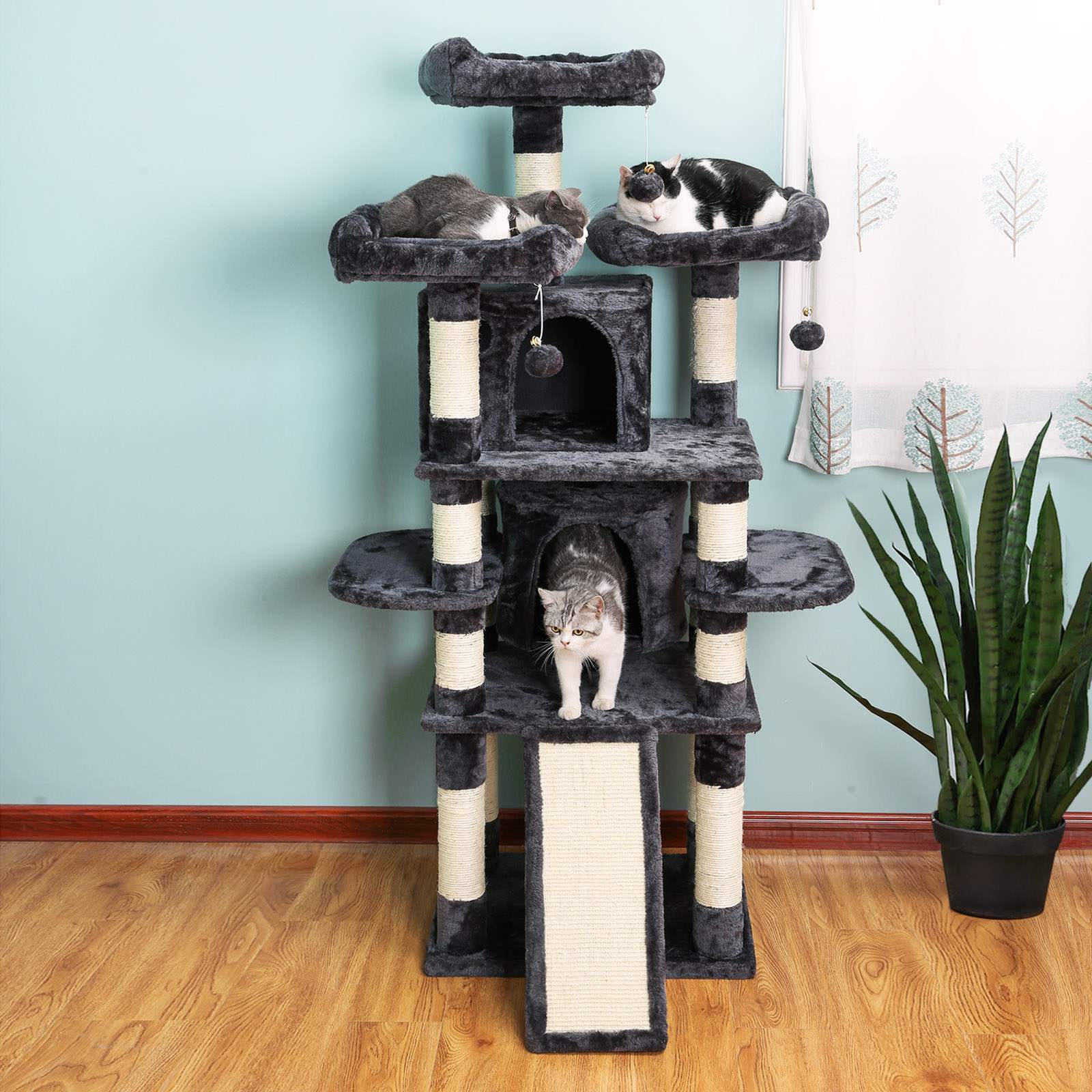 Cat Tree – Wood – Smoky Grey – 3 Viewing Perches, 2 Cuddly Caves, Thick Sisal Posts