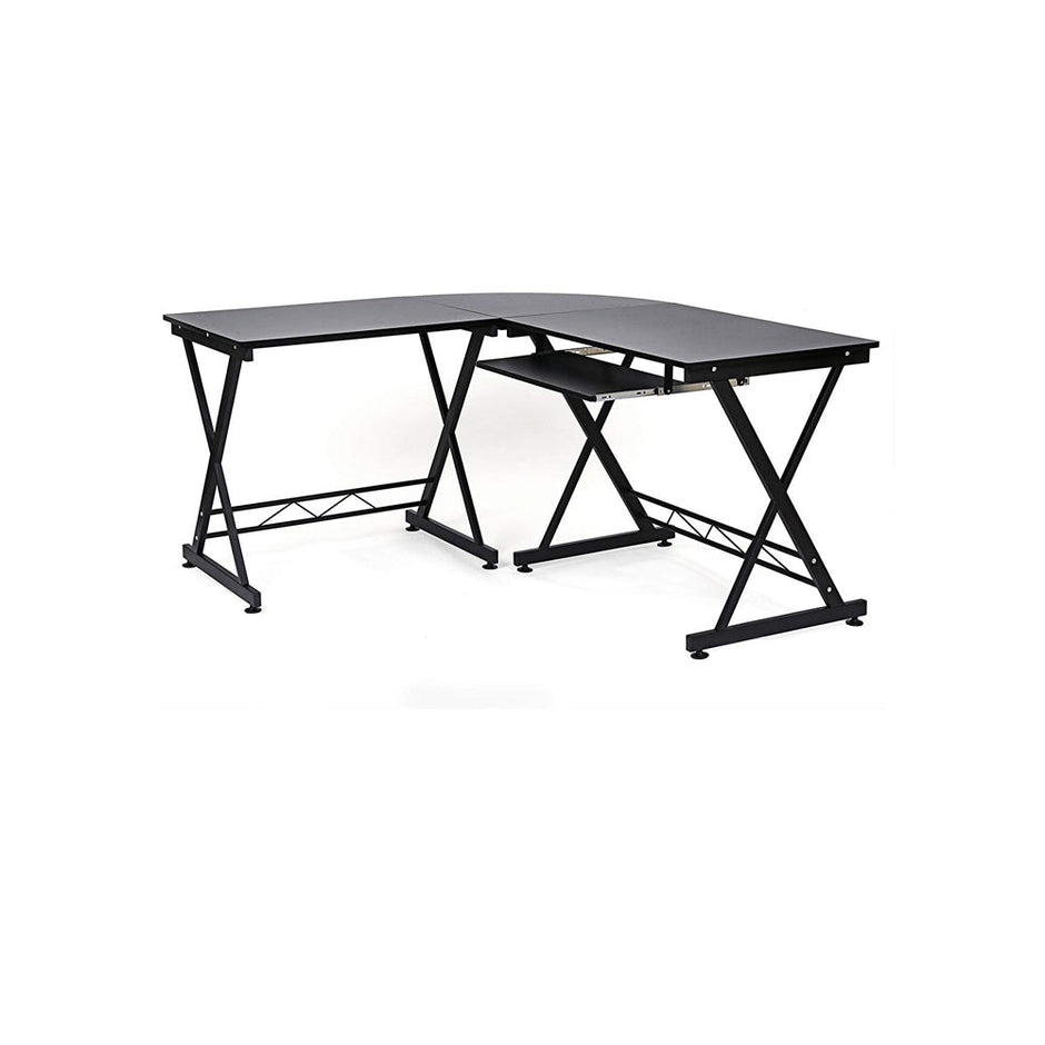 L-Shaped Corner Computer Desk – Wood – Black – Space-Saving Design for Home Office and Gaming