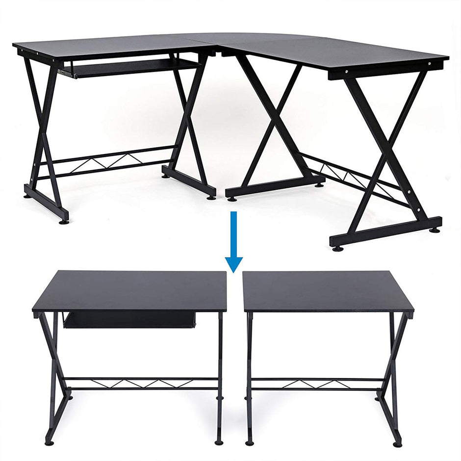 L-Shaped Corner Computer Desk – Wood – Black – Space-Saving Design for Home Office and Gaming