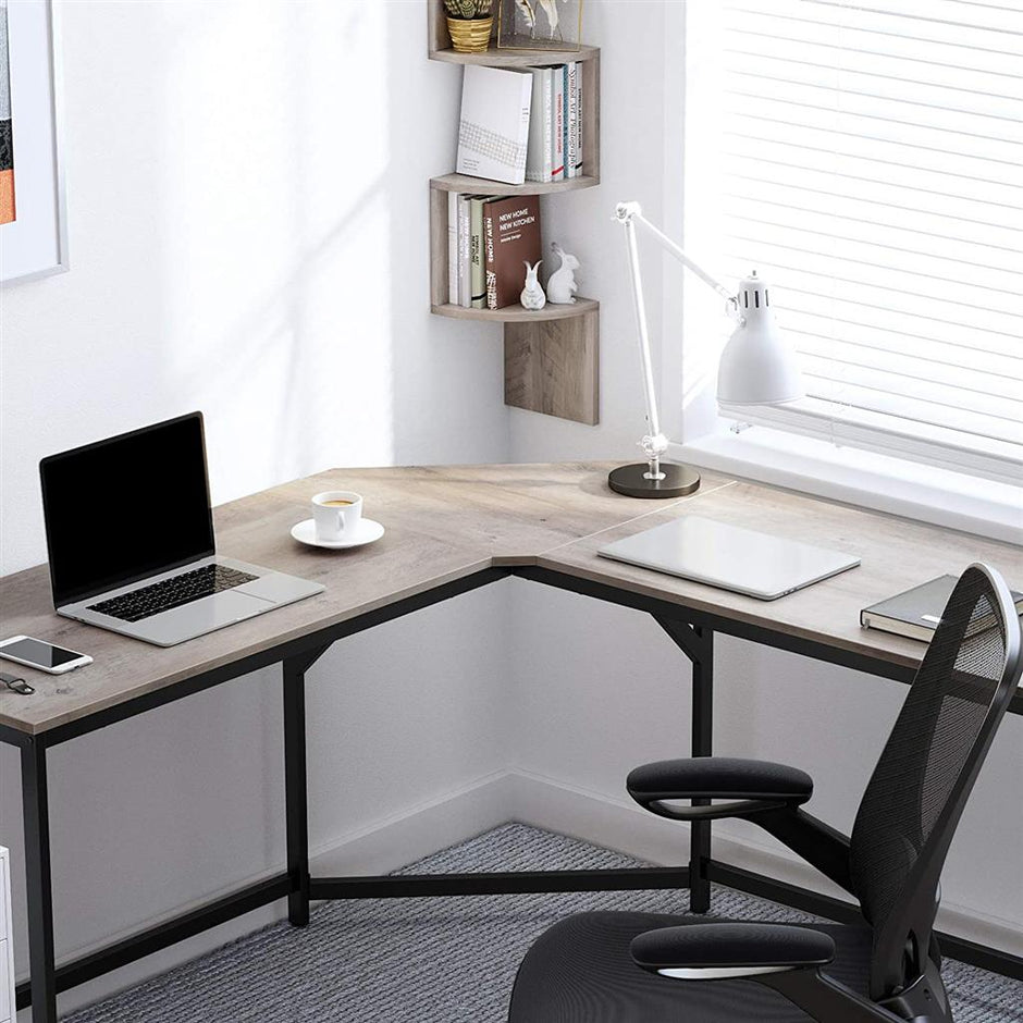 L-Shaped Corner Desk – Wood and Metal – Greige and Black – Space-Saving Industrial Design