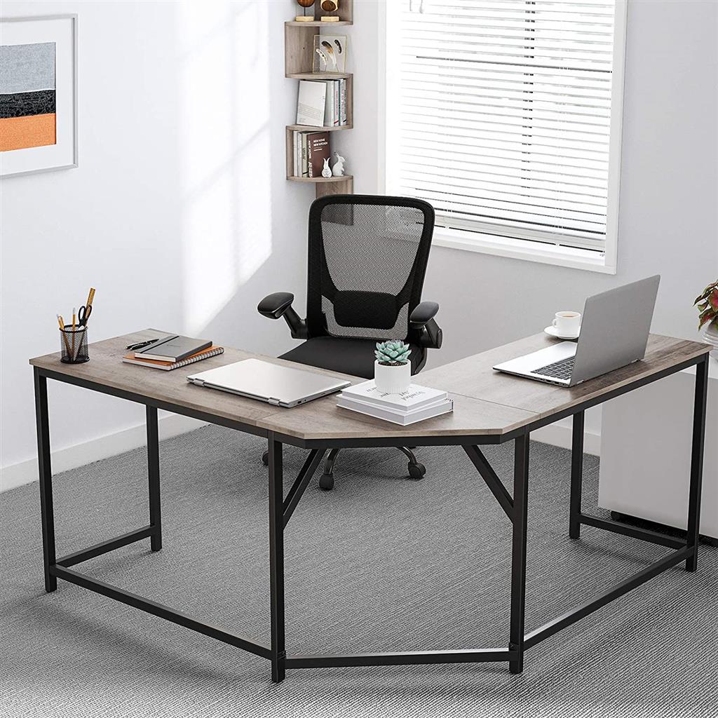 L-Shaped Corner Desk – Wood and Metal – Greige and Black – Space-Saving Industrial Design