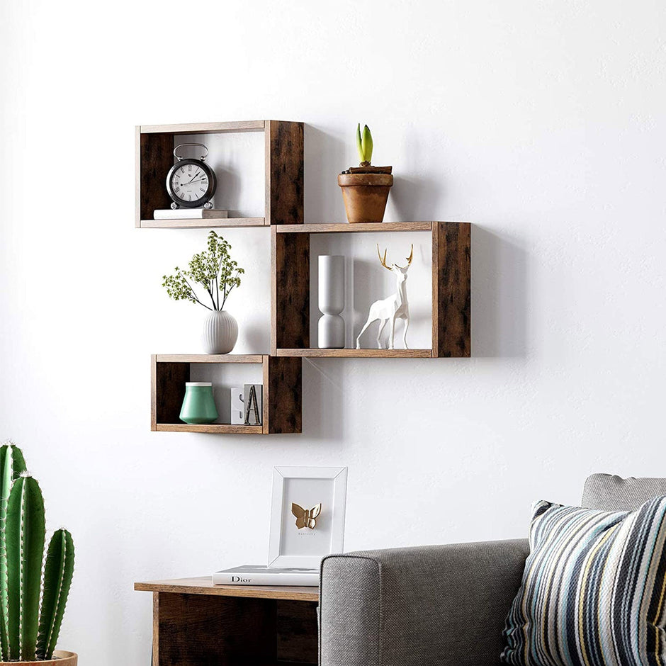 Floating Cube Shelves – Wood – Rustic Brown – Set of 3, Sizes 40/35/30 cm