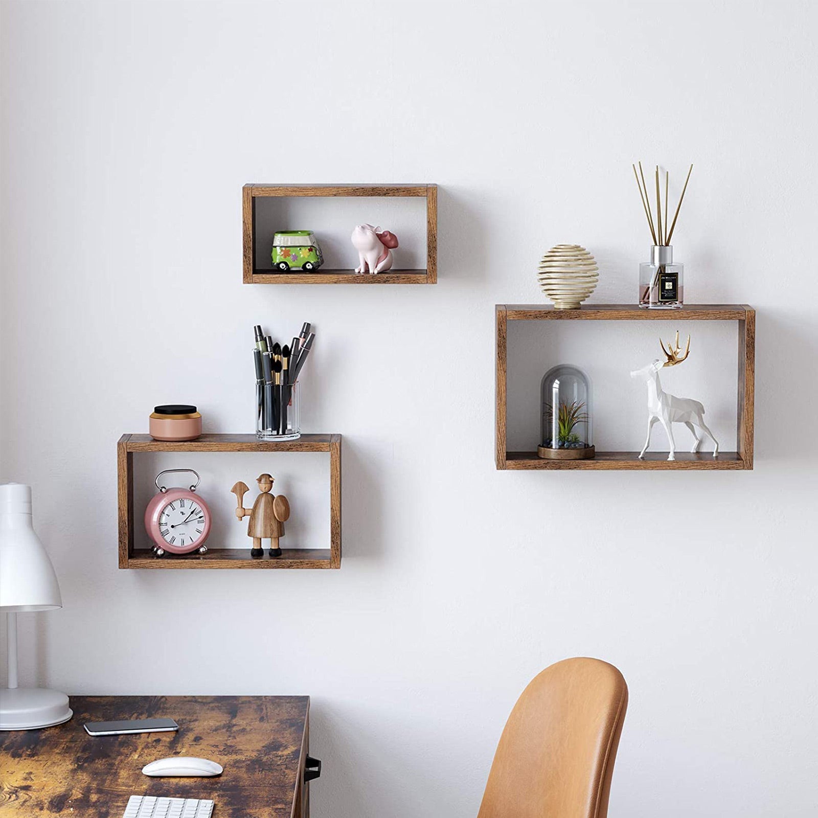 Floating Cube Shelves – Wood – Rustic Brown – Set of 3, Sizes 40/35/30 cm
