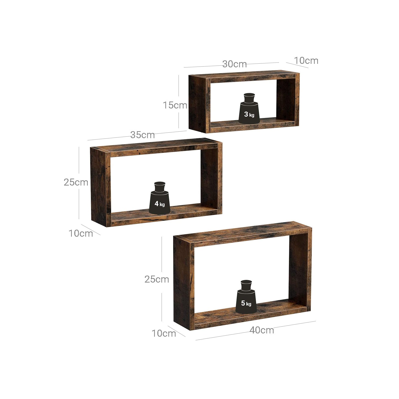 Floating Cube Shelves – Wood – Rustic Brown – Set of 3, Sizes 40/35/30 cm