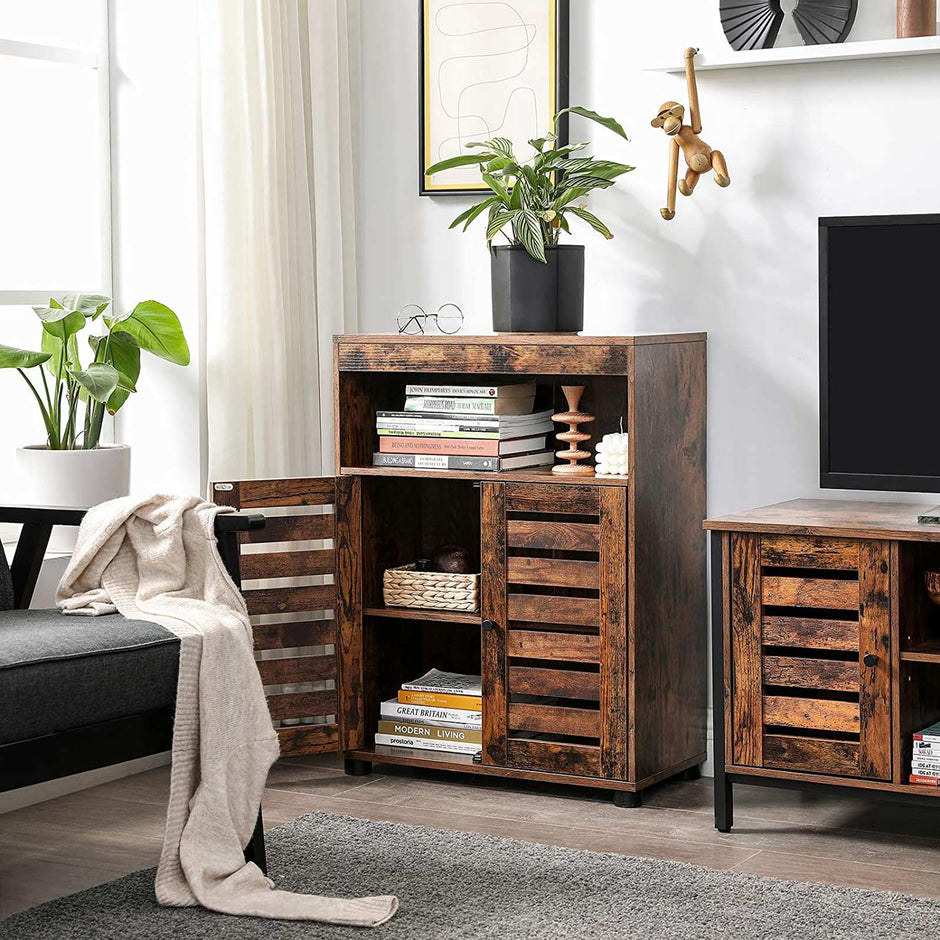 Storage Cupboard – Wood – Rustic Brown – Louvered Doors and Adjustable Shelf