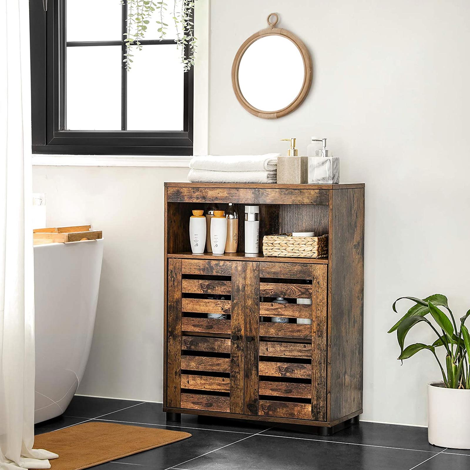 Storage Cupboard – Wood – Rustic Brown – Louvered Doors and Adjustable Shelf