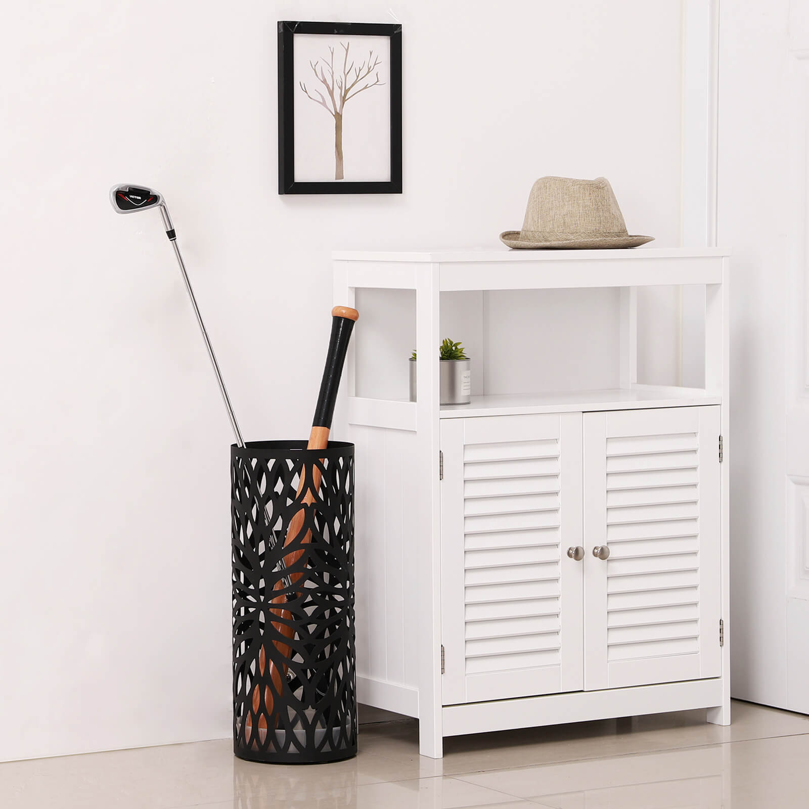 Cylindrical Umbrella Stand – Metal – Black – Includes Hooks and Drip Tray
