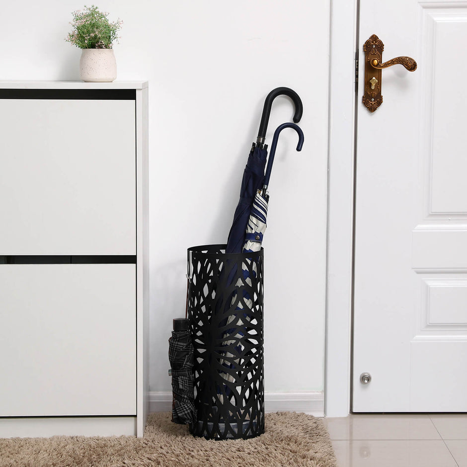 Cylindrical Umbrella Stand – Metal – Black – Includes Hooks and Drip Tray