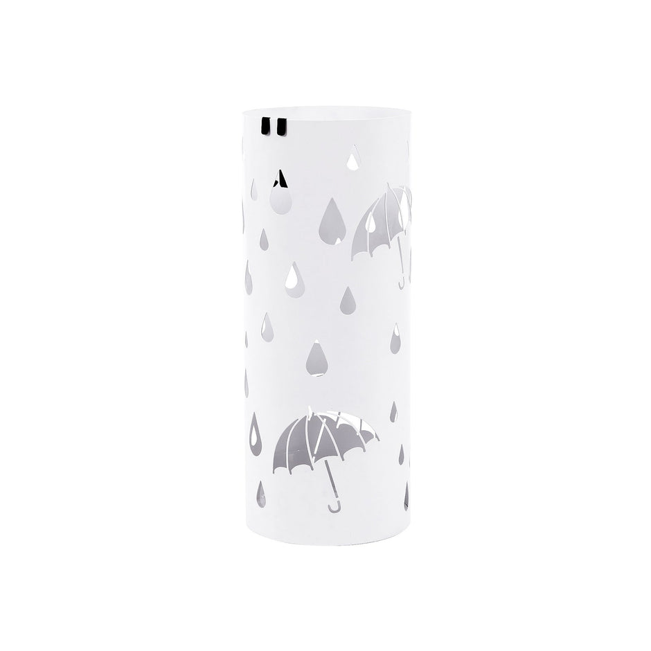 Cylindrical Umbrella Stand – Metal – White – With Hooks and Drip Tray