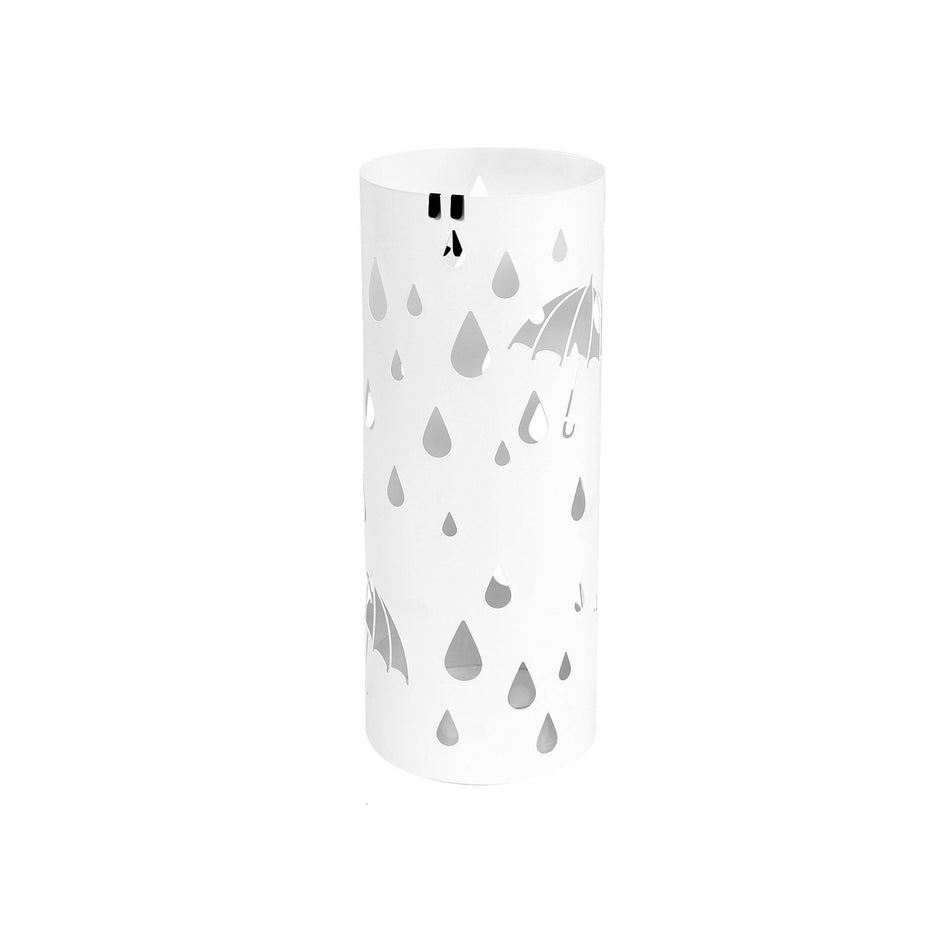Cylindrical Umbrella Stand – Metal – White – With Hooks and Drip Tray