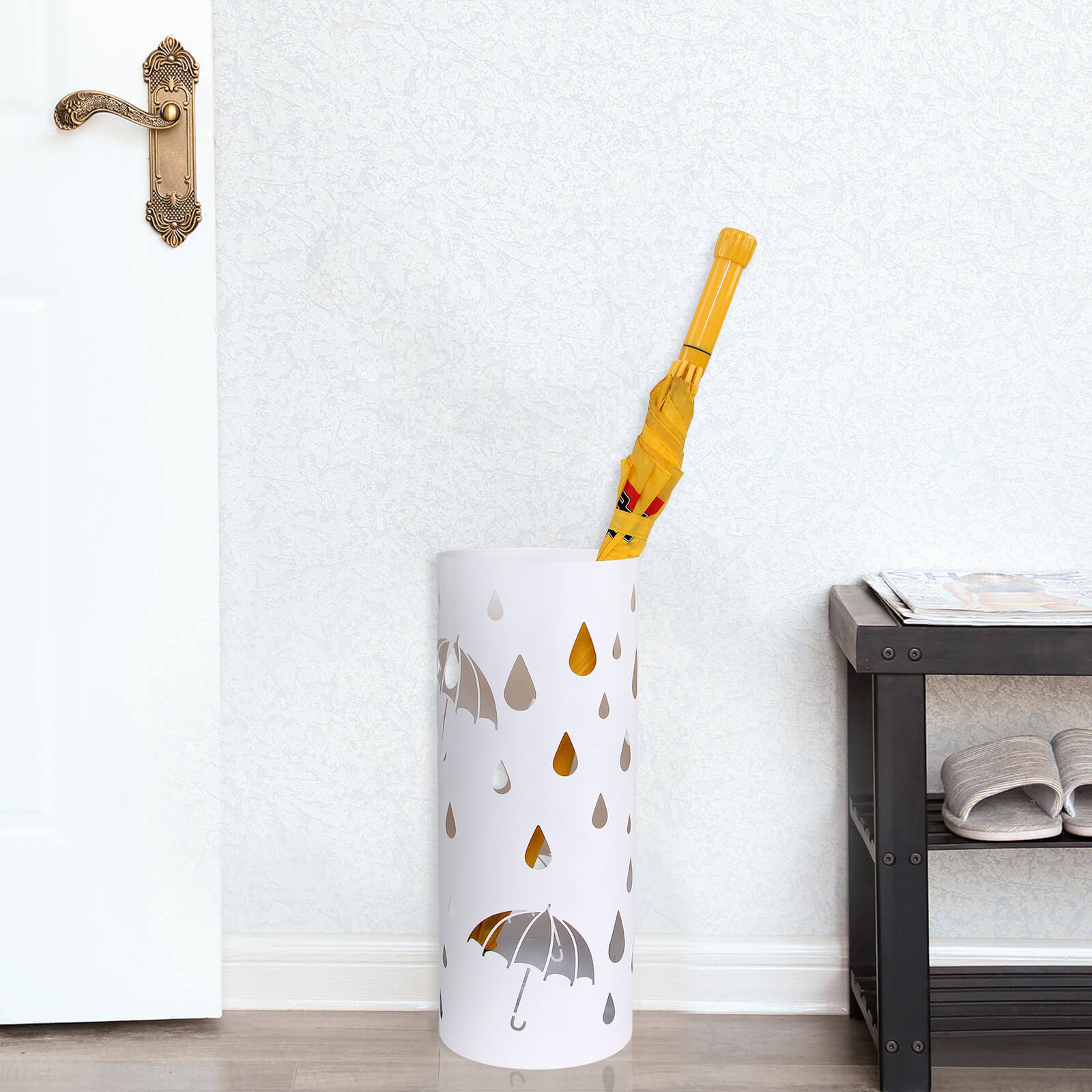 Cylindrical Umbrella Stand – Metal – White – With Hooks and Drip Tray