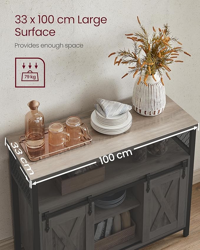 Kitchen Cabinet – Wood – Rustic Brown and Black – 2 Sliding Barn Doors, Adjustable Shelf