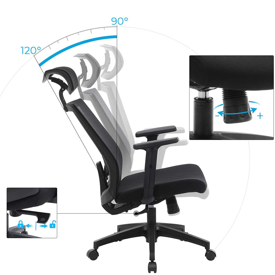 Mesh Office Chair – Mesh Fabric – Black – Ergonomic with Adjustable Lumbar Support and Headrest