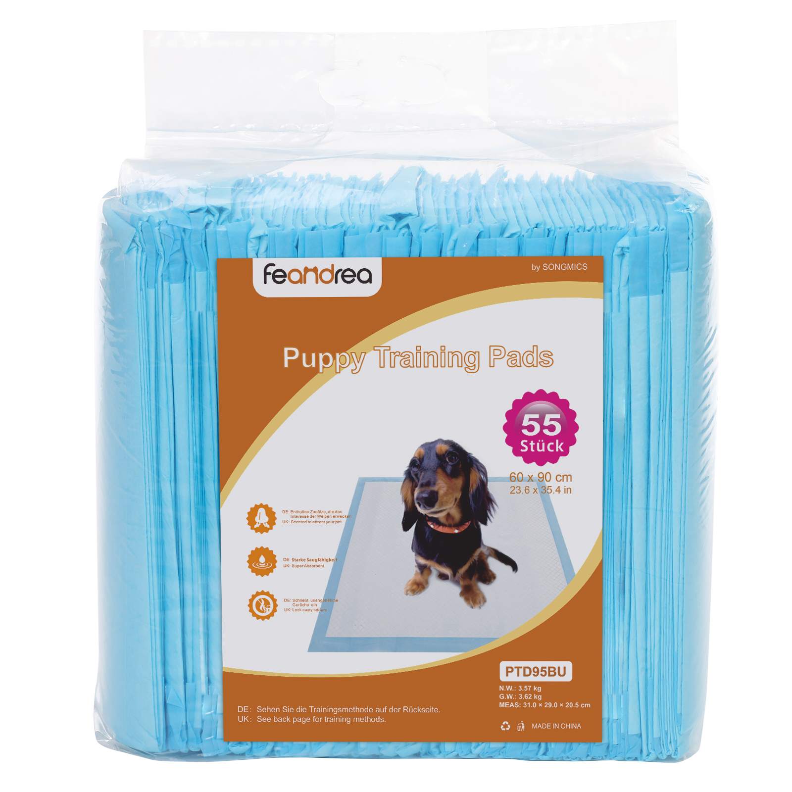Disposable Pet Training Pads – Highly Absorbent 5-Layer Design – Leakproof Base – 60 x 90 cm – 55 Pack