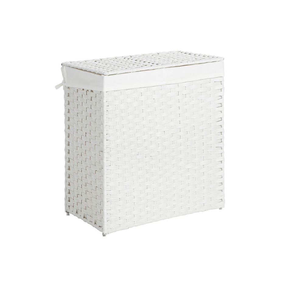 Divided Laundry Basket – Synthetic Rattan – Natural – Foldable with Lid and Removable Liner