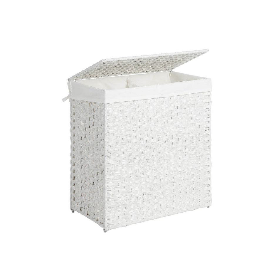 Divided Laundry Basket – Synthetic Rattan – Natural – Foldable with Lid and Removable Liner