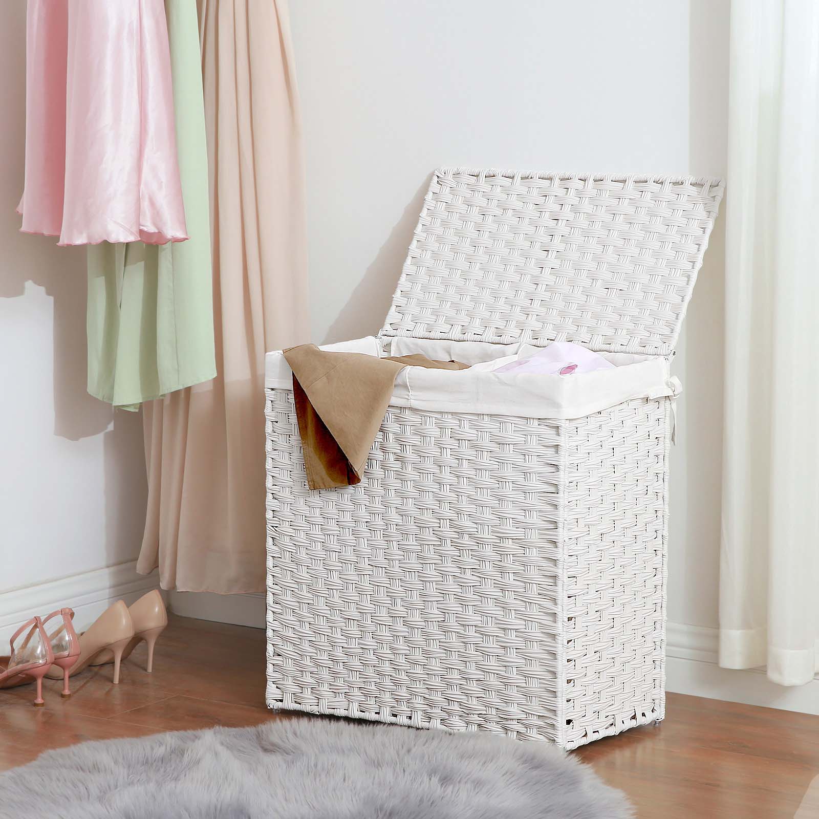 Divided Laundry Basket – Synthetic Rattan – Natural – Foldable with Lid and Removable Liner
