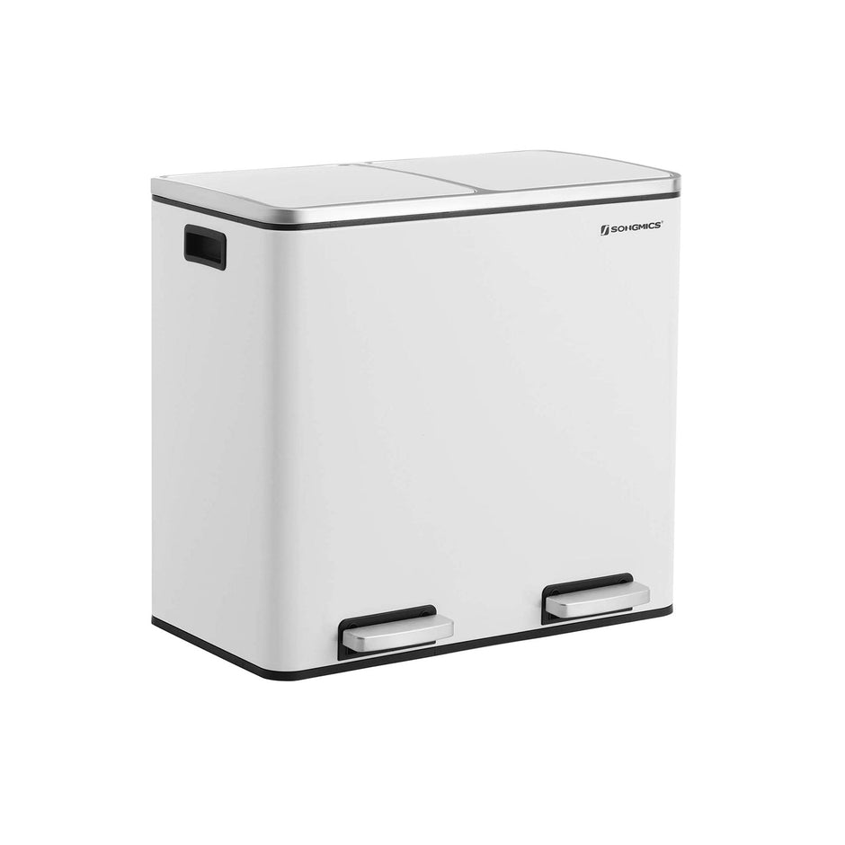Double Compartment Trash Can – Plastic – White – Soft-Close Lids and Pedals
