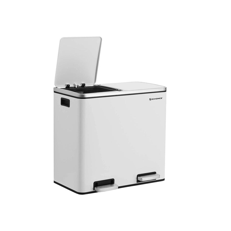 Double Compartment Trash Can – Plastic – White – Soft-Close Lids and Pedals