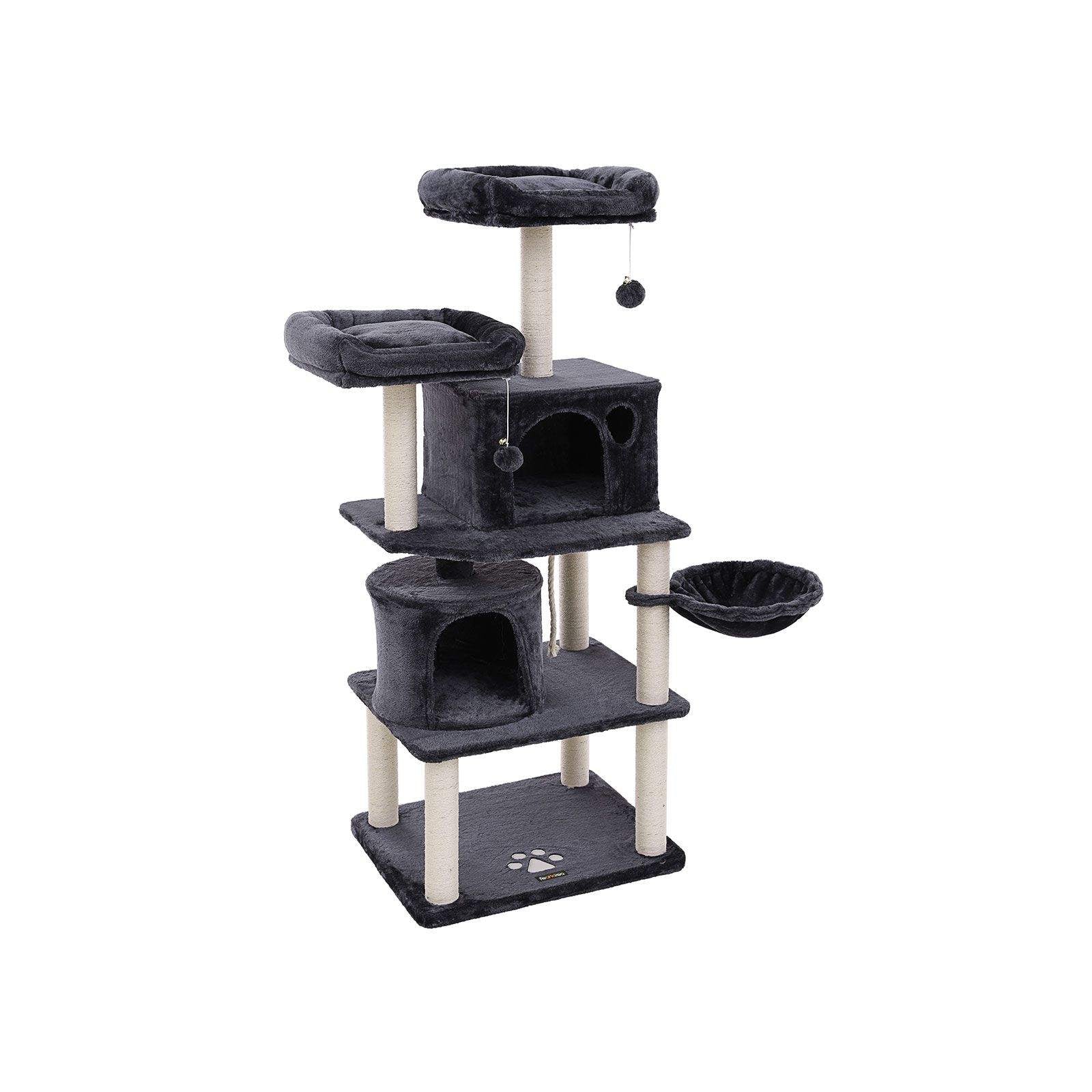 Cat Tree – Engineered Wood and Plush – Smoky Grey – Multi-Level with Scratching Posts, Perches, Basket and Condos