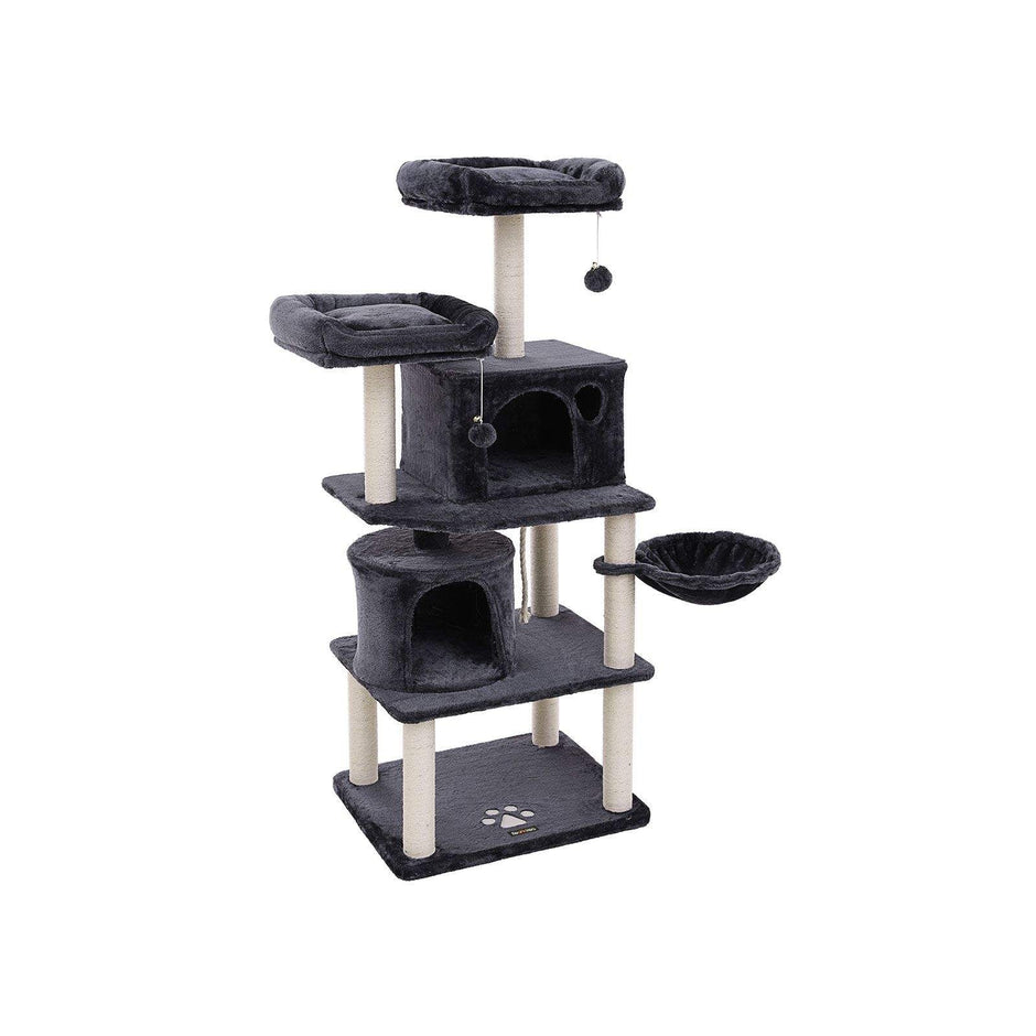 Cat Tree – Engineered Wood and Plush – Smoky Grey – Multi-Level with Scratching Posts, Perches, Basket and Condos