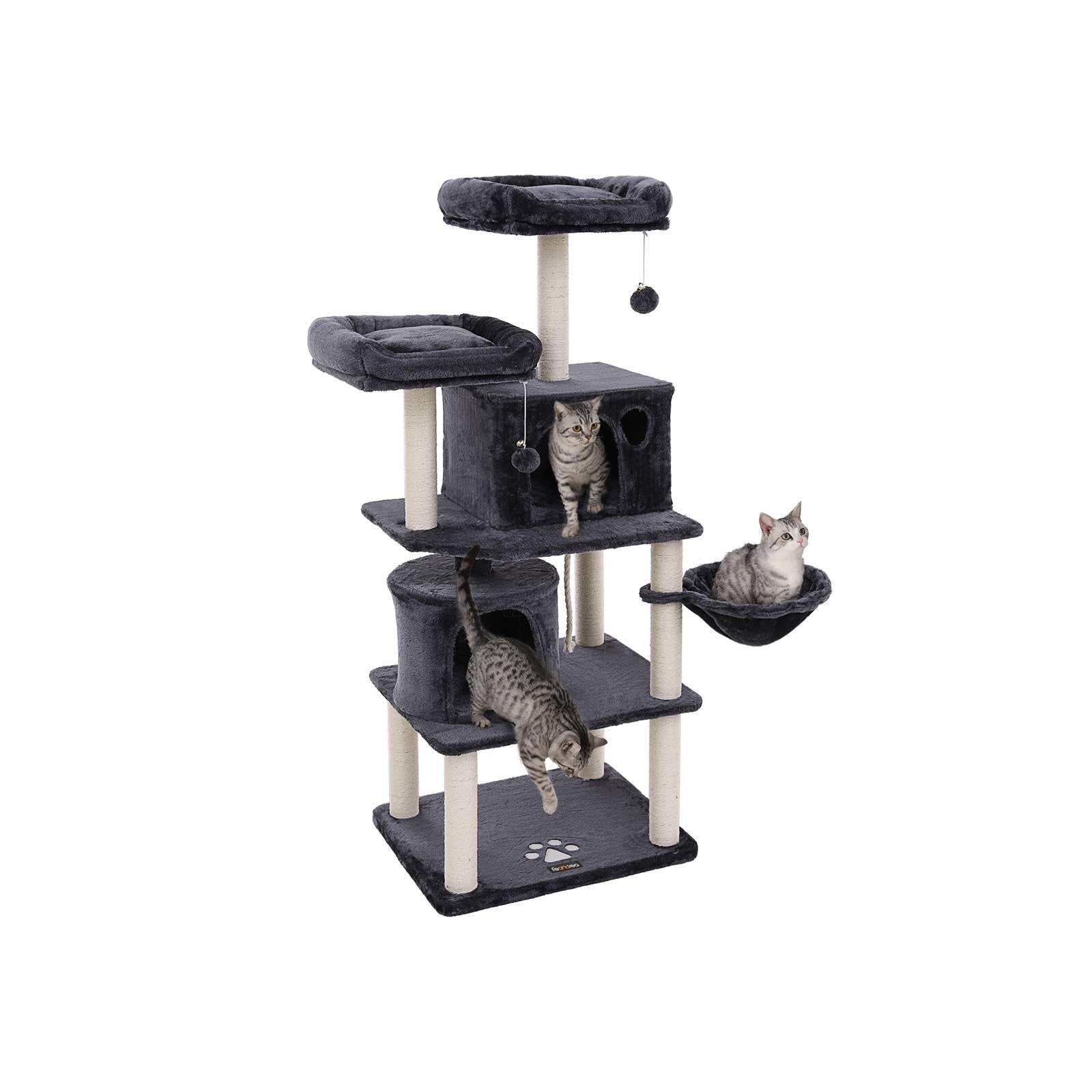 Cat Tree – Engineered Wood and Plush – Smoky Grey – Multi-Level with Scratching Posts, Perches, Basket and Condos