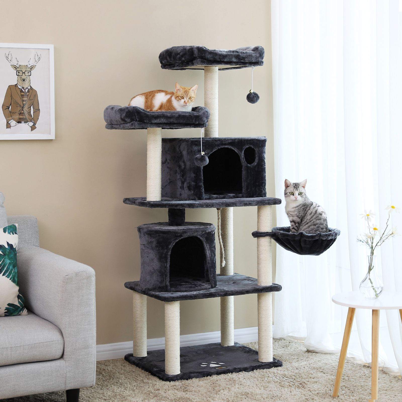 Cat Tree – Engineered Wood and Plush – Smoky Grey – Multi-Level with Scratching Posts, Perches, Basket and Condos