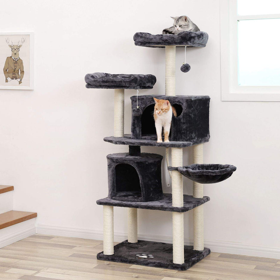 Cat Tree – Engineered Wood and Plush – Smoky Grey – Multi-Level with Scratching Posts, Perches, Basket and Condos
