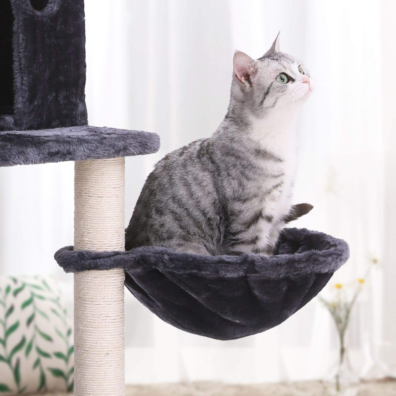 Cat Tree – Engineered Wood and Plush – Smoky Grey – Multi-Level with Scratching Posts, Perches, Basket and Condos