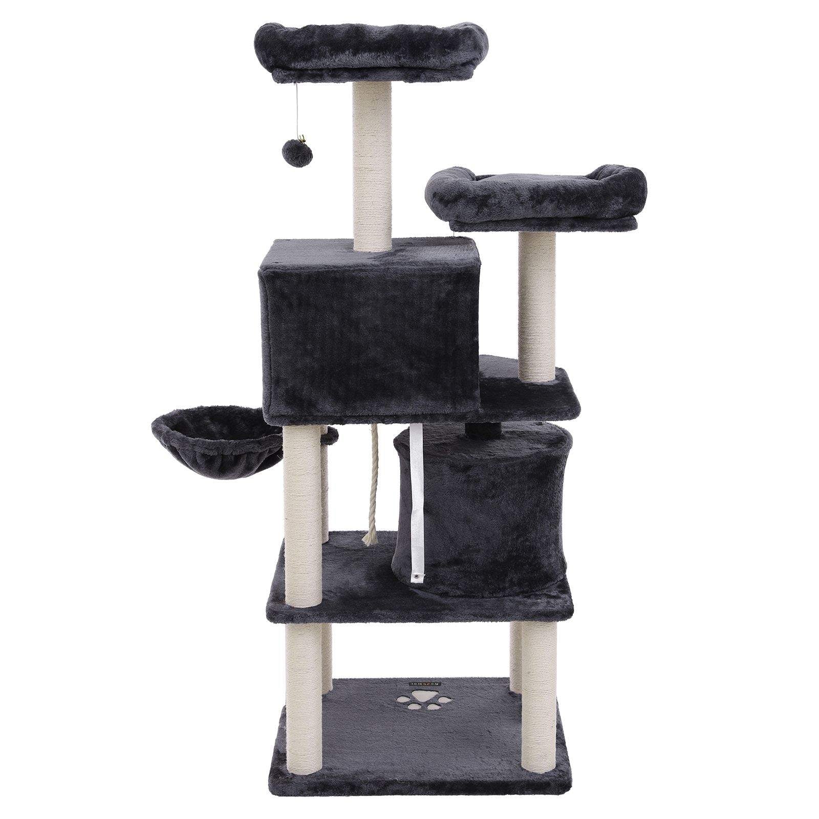 Cat Tree – Engineered Wood and Plush – Smoky Grey – Multi-Level with Scratching Posts, Perches, Basket and Condos