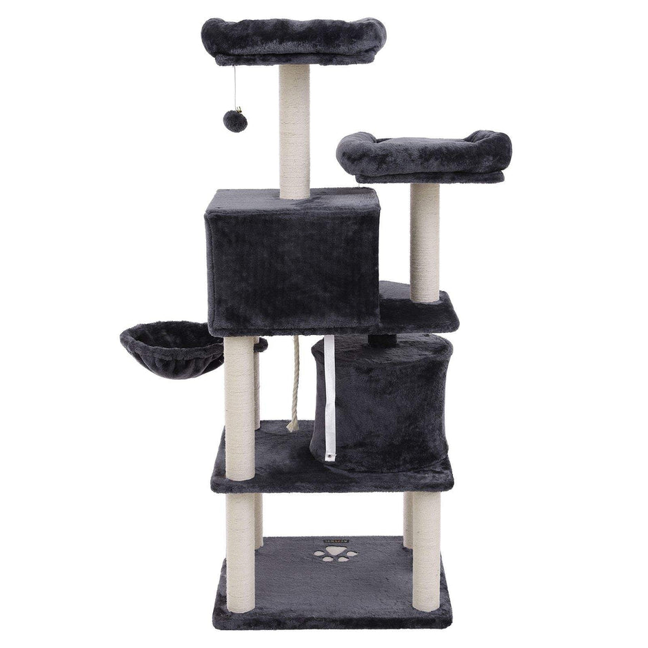 Cat Tree – Engineered Wood and Plush – Smoky Grey – Multi-Level with Scratching Posts, Perches, Basket and Condos