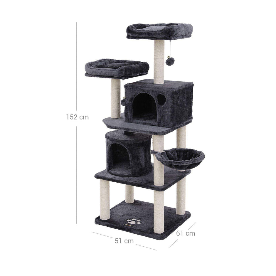 Cat Tree – Engineered Wood and Plush – Smoky Grey – Multi-Level with Scratching Posts, Perches, Basket and Condos